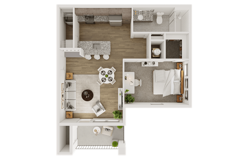 Floor plan for 1 bed, 1 bath, 769 sqft